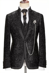 Black Shiny Stand Collar Fashion Three-Piece Prom Suit