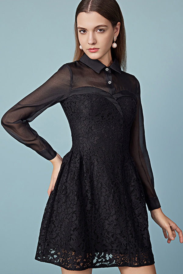 Black Short A-line Tulle Dress with Long Sleeves