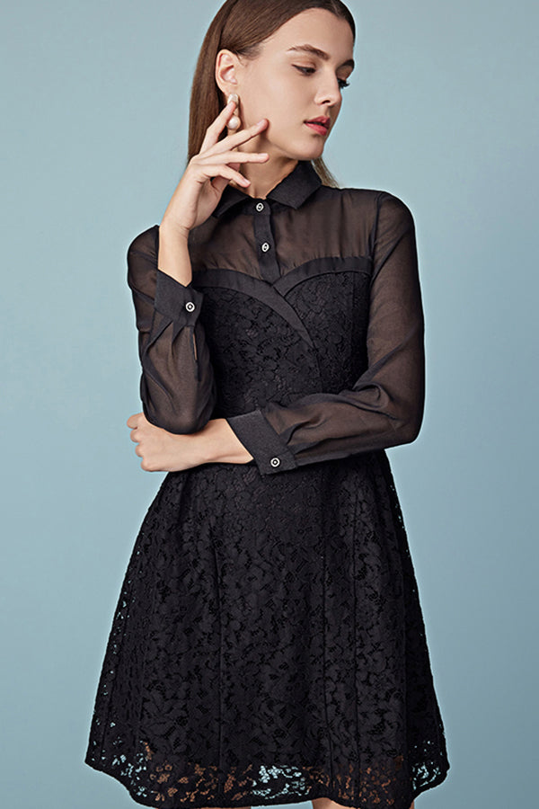 Black Short A-line Tulle Dress with Long Sleeves