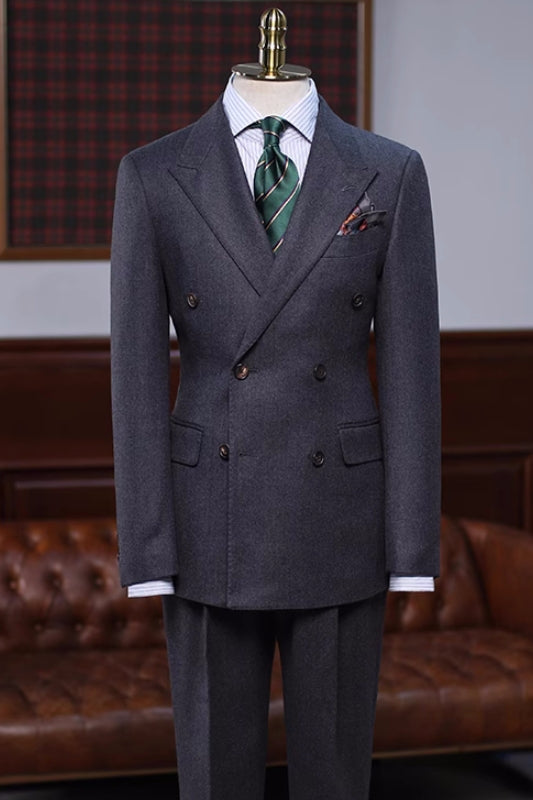 Black Simple Double Breasted Peaked Lapel Business Suit