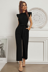 Black Sleeveless Crew-Neck Daily Women's Jump Suit With Belt