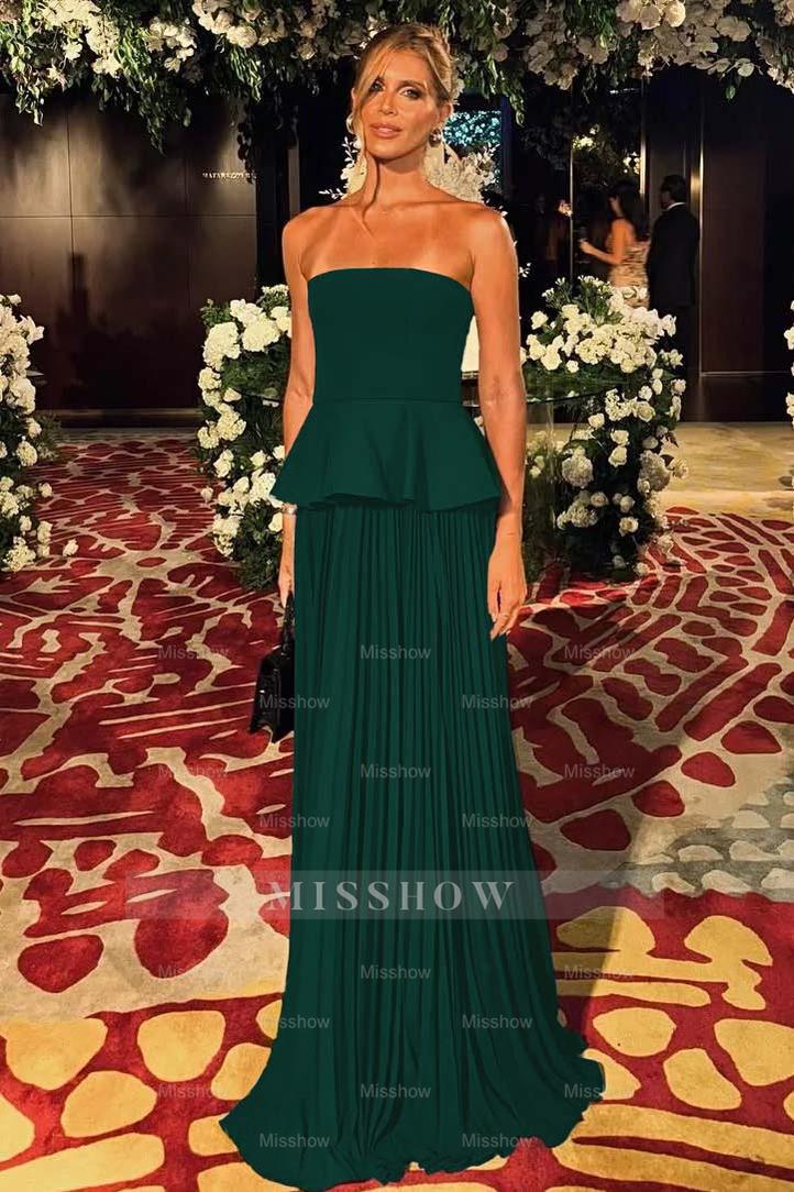 Black Sleeveless Strapless Long Formal Dress With Pleated Ruffles