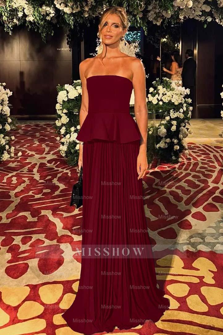 Black Sleeveless Strapless Long Formal Dress With Pleated Ruffles