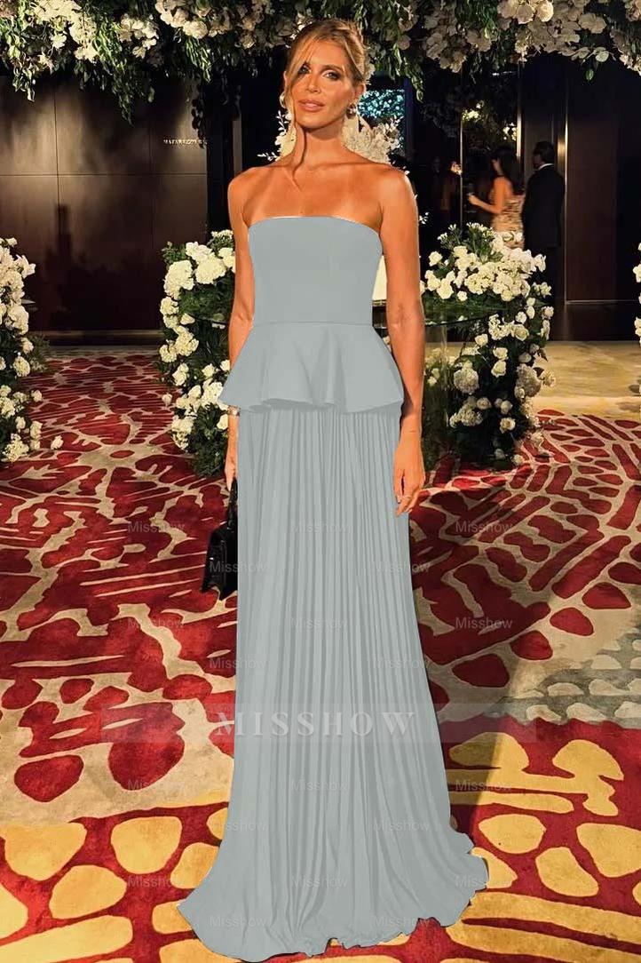 Black Sleeveless Strapless Long Formal Dress With Pleated Ruffles