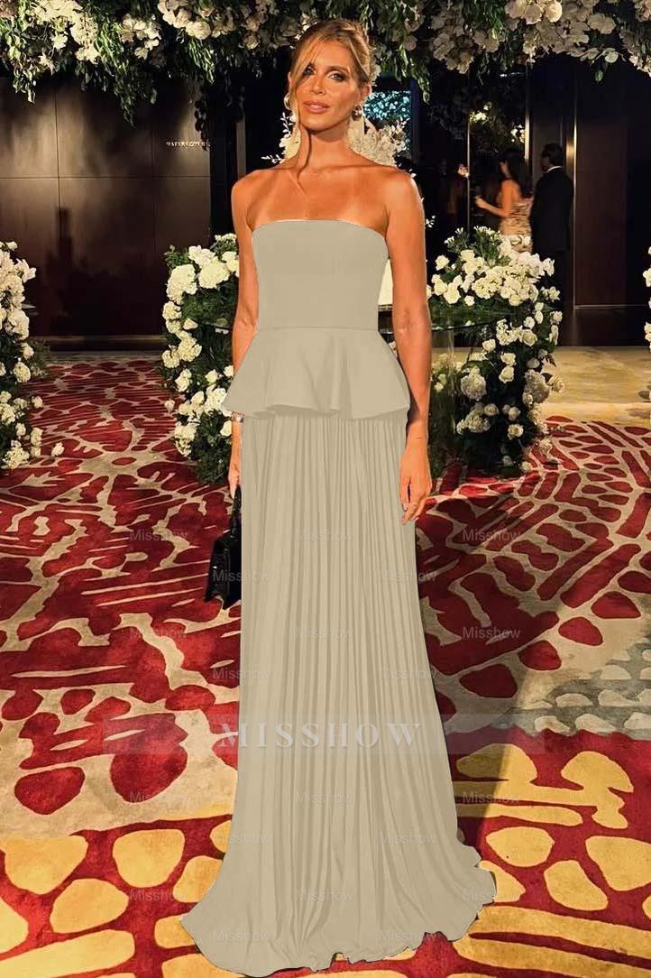 Black Sleeveless Strapless Long Formal Dress With Pleated Ruffles