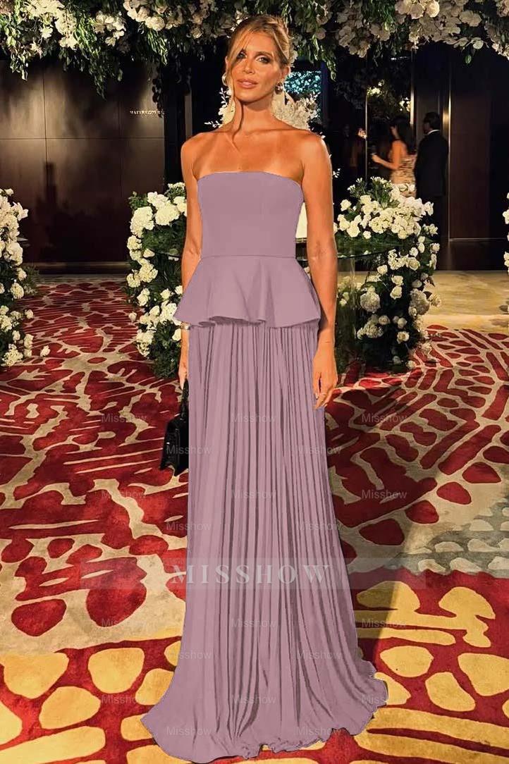 Black Sleeveless Strapless Long Formal Dress With Pleated Ruffles