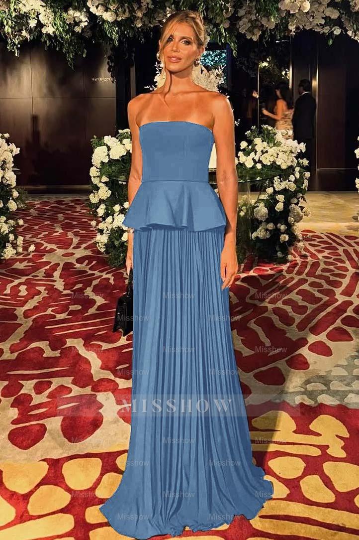 Black Sleeveless Strapless Long Formal Dress With Pleated Ruffles