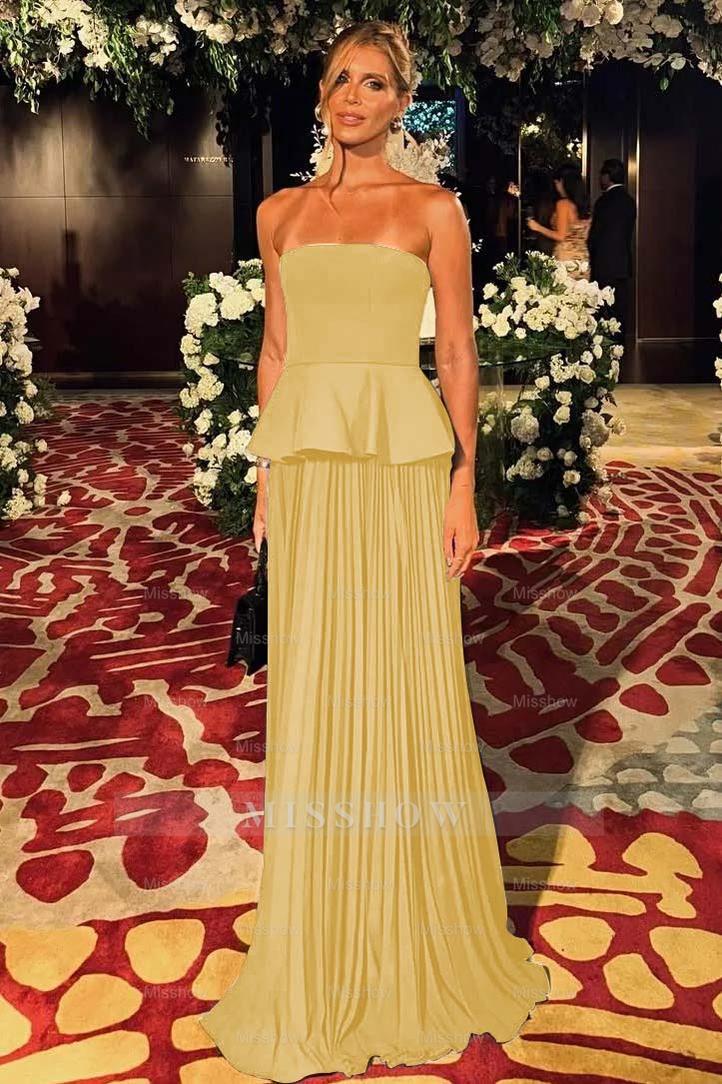 Black Sleeveless Strapless Long Formal Dress With Pleated Ruffles