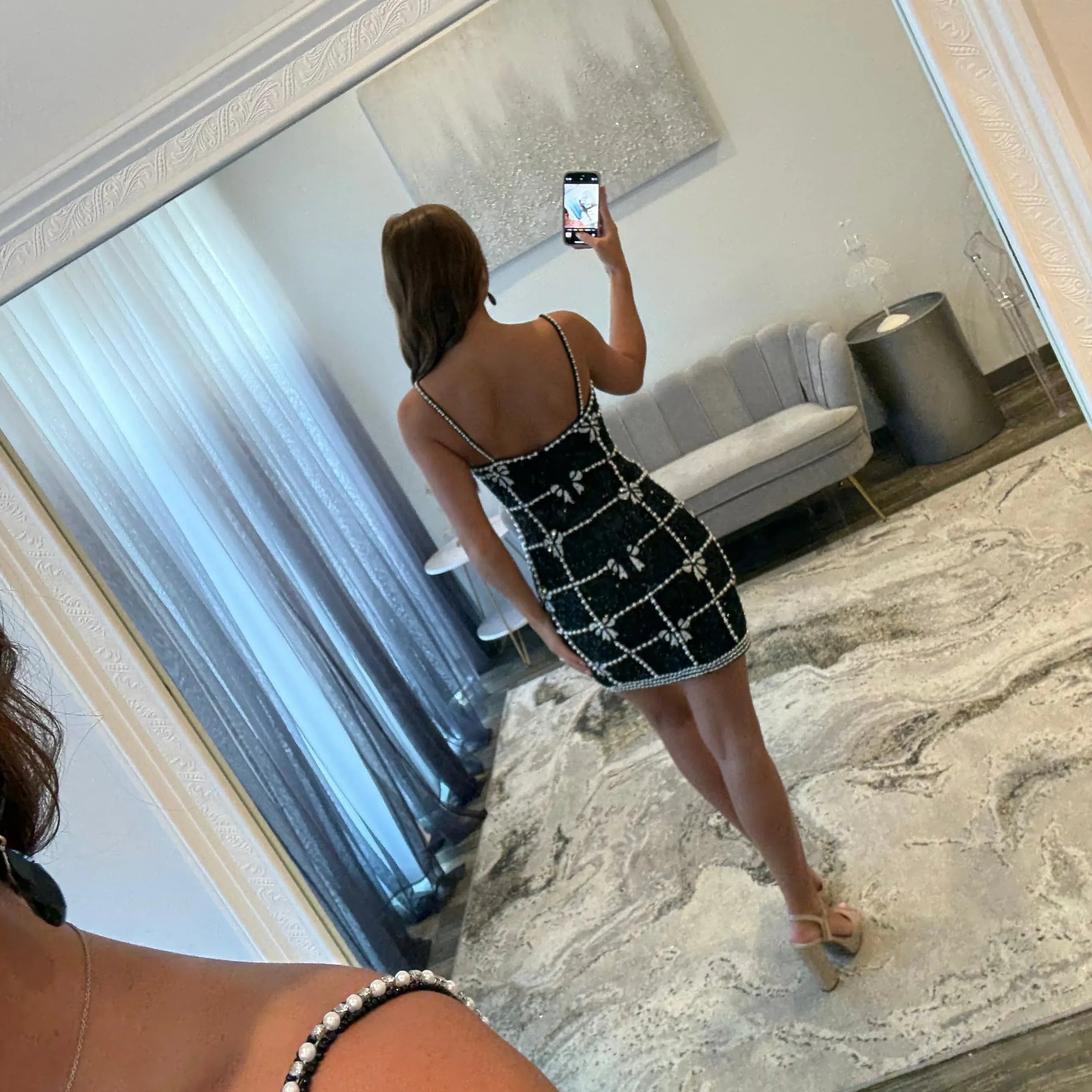 Black Spaghetti Strap Pearl Grid Bow Sequin Bodycon Homecoming Dress Open Back Mini