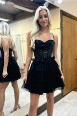 Black Spaghetti Straps A-Line Tulle Tiered Corset Homecoming Dress