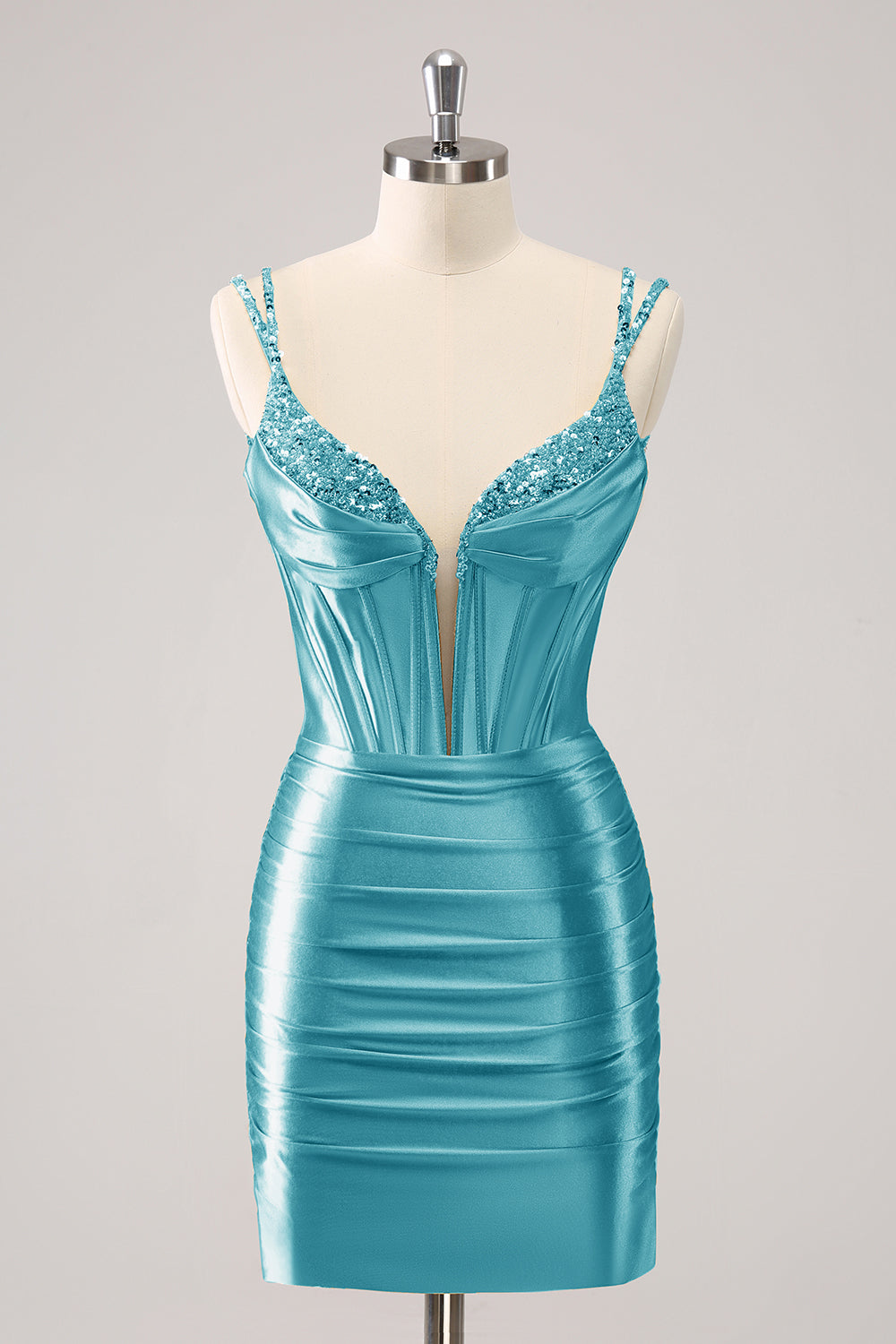 Black Spaghetti Straps Bodycon Satin Corset Homecoming Dress with Beading