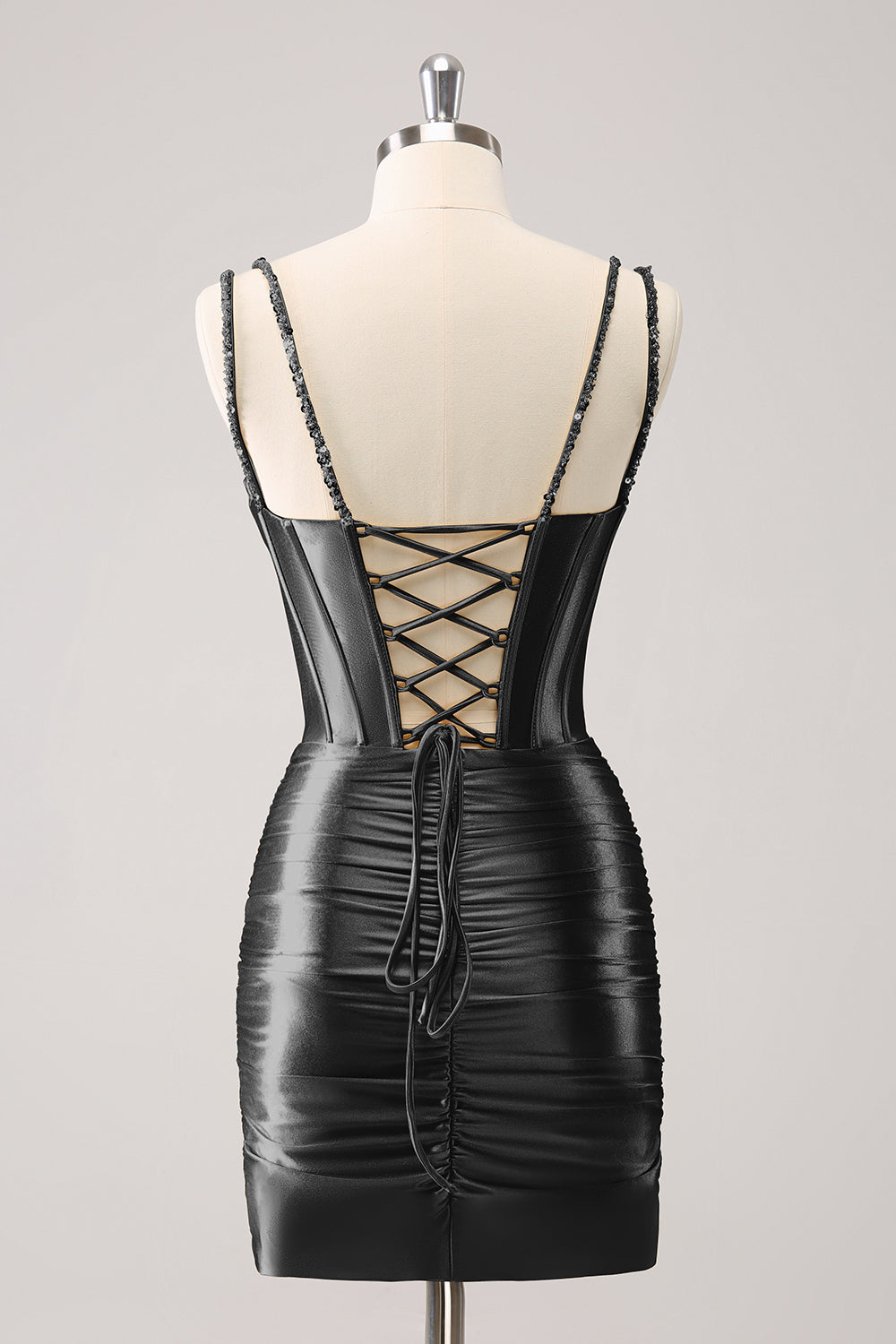 Black Spaghetti Straps Bodycon Satin Corset Homecoming Dress with Beading
