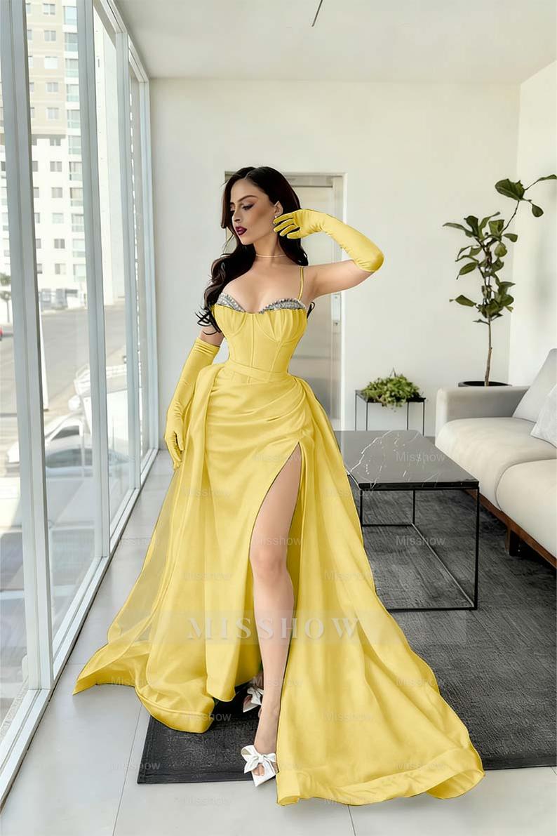 Yellow spaghetti straps rhinestone A-line evening dress