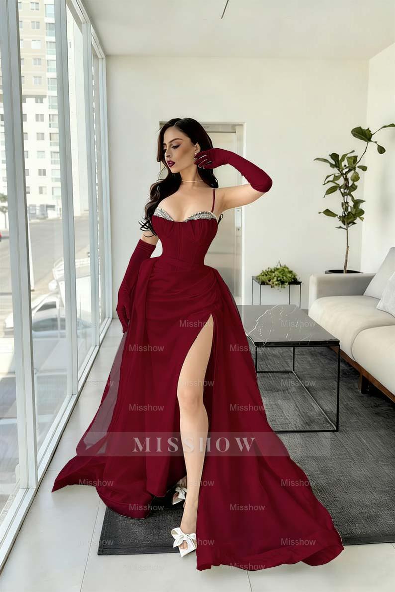 Burgundy spaghetti straps rhinestone A-line evening dress