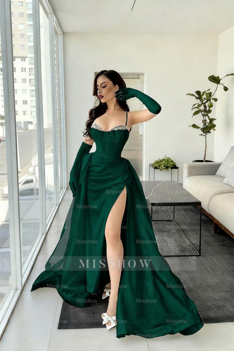 Dark green spaghetti straps rhinestone A-line evening dress