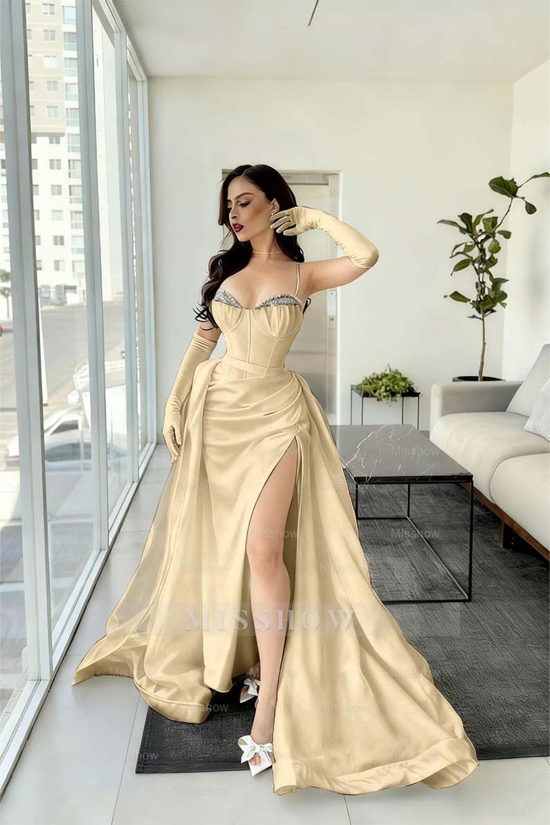 Champagne spaghetti straps rhinestone A-line evening dress