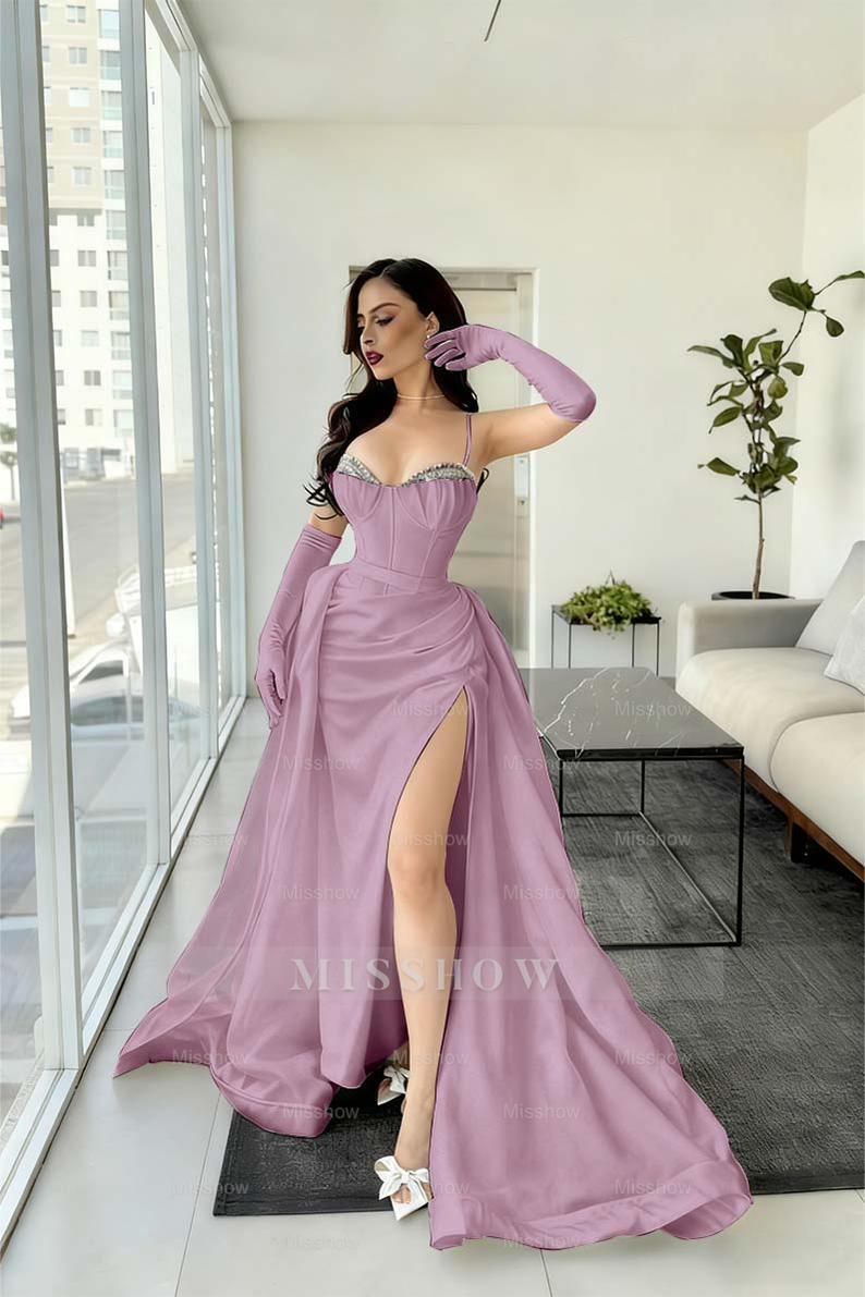 Orchid spaghetti straps rhinestone A-line evening dress