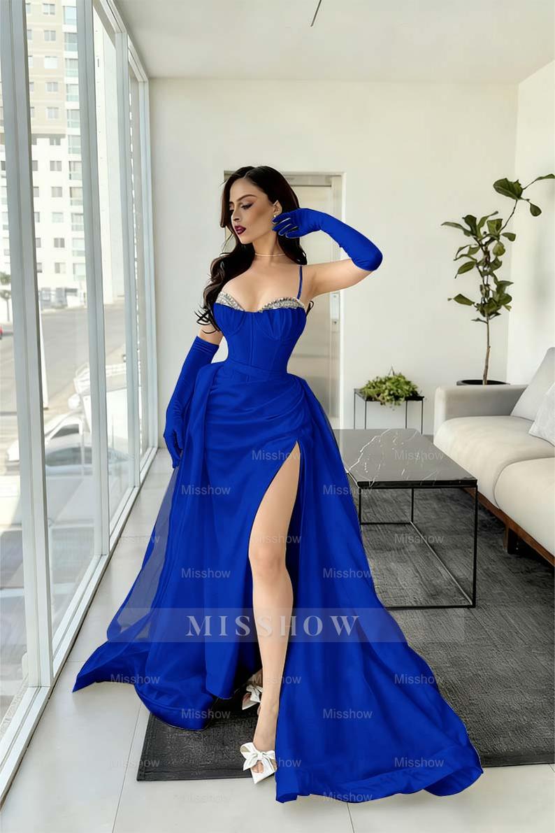Royal blue spaghetti straps rhinestone A-line evening dress