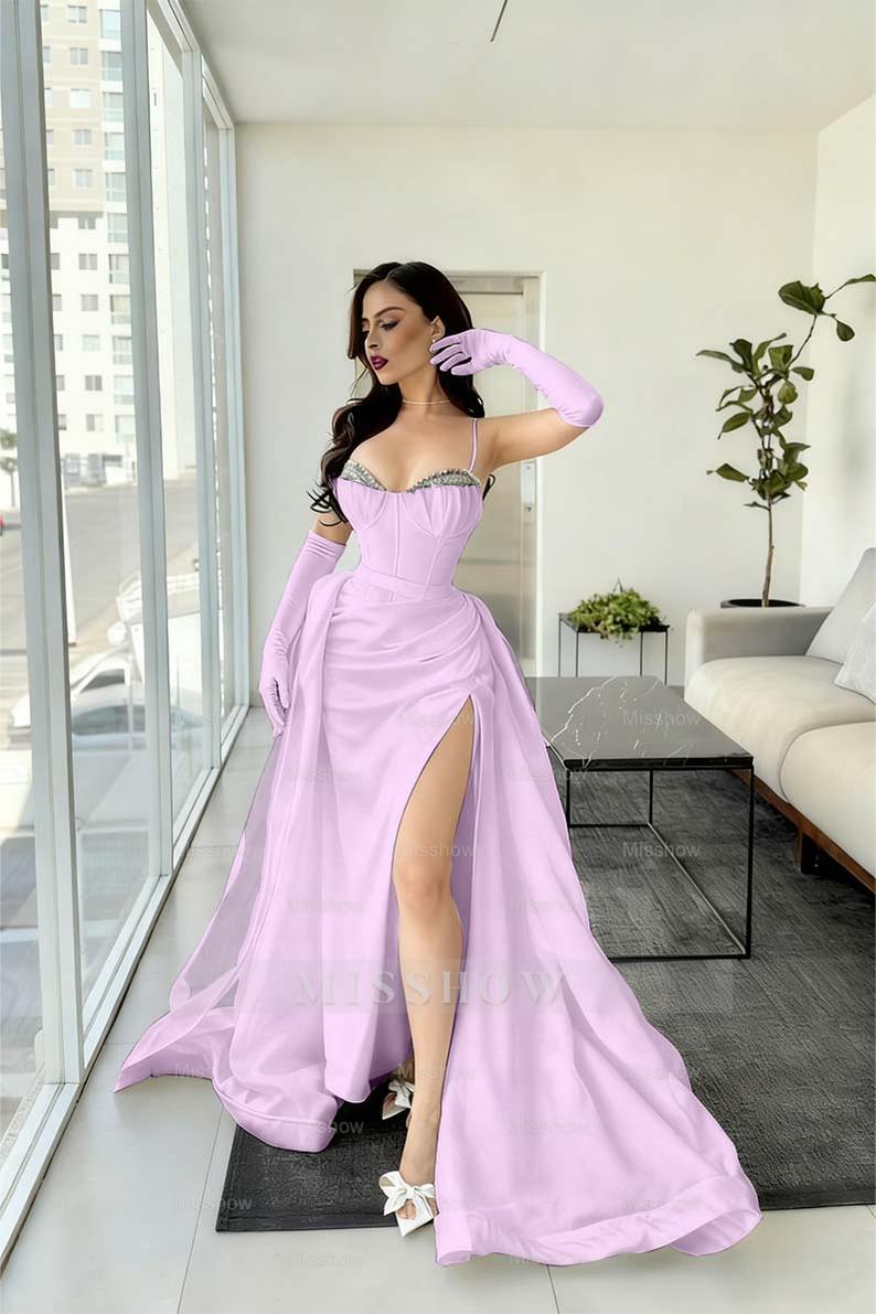 Lilac spaghetti straps rhinestone A-line evening dress