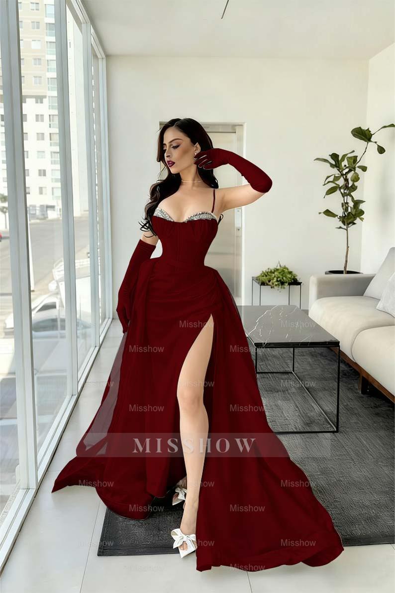 Burgundy spaghetti straps rhinestone A-line evening dress
