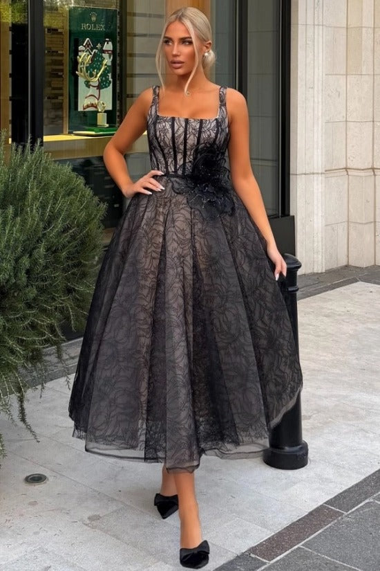 Black Square Neck Lace Corset Bodice Tulle Tea-Length A-Line Formal Evening Dress