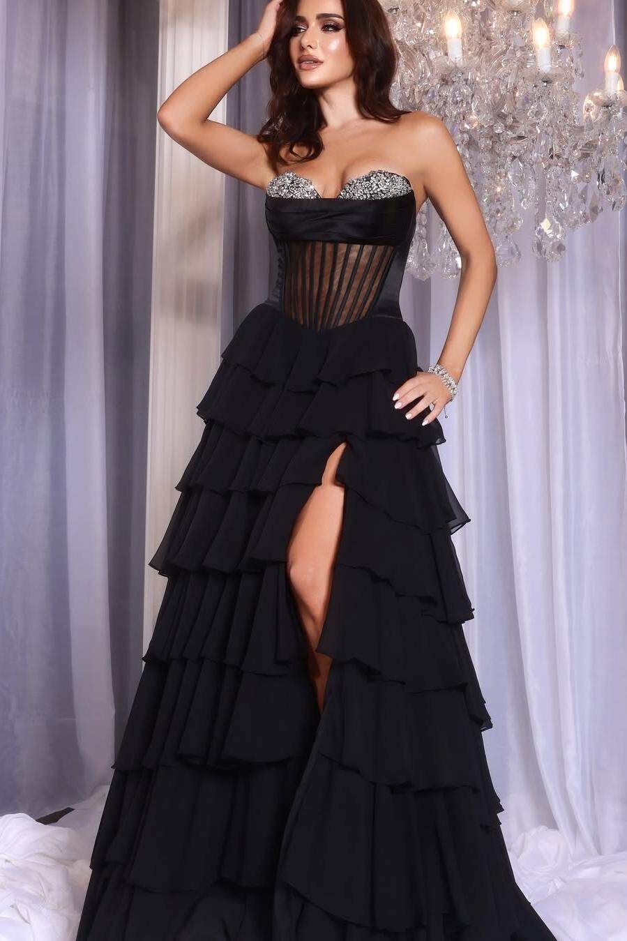 Black Strapless Sleeveless A-line Chiffon Rhinestone Ruffled Floor Formal Evening Gown