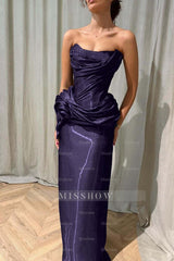 Dark purple strapless ruffled column evening dress