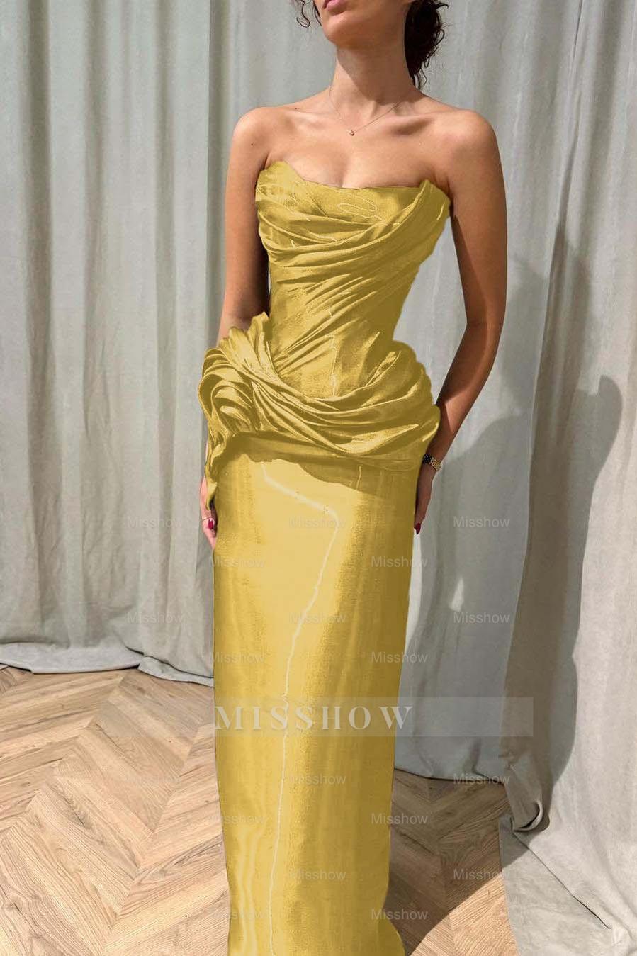 Gold strapless ruffled column evening dress