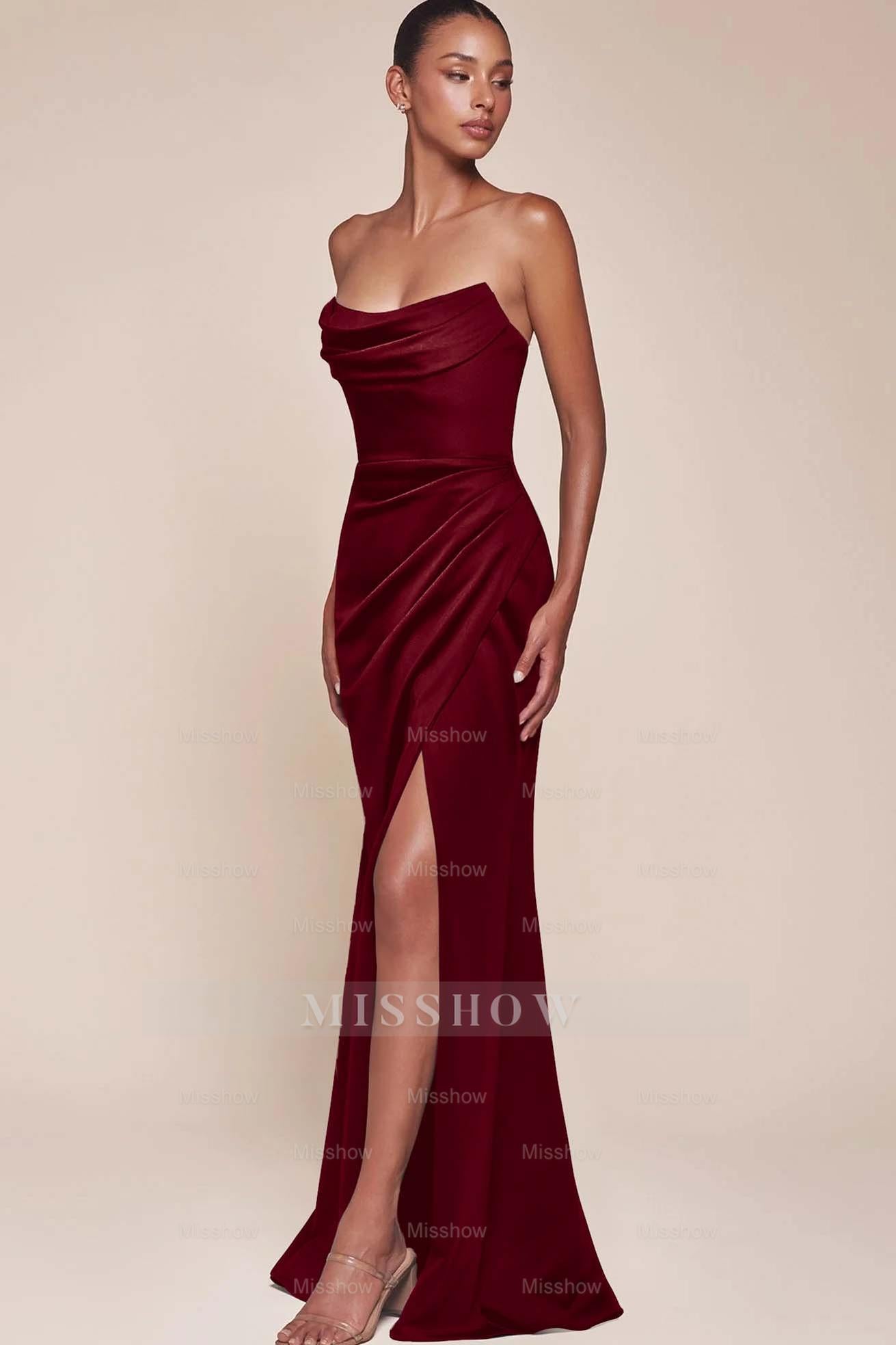 Black Strapless Sleeveless Fit and Flare Satin Ruched High Slit Floor Length Evening Dress