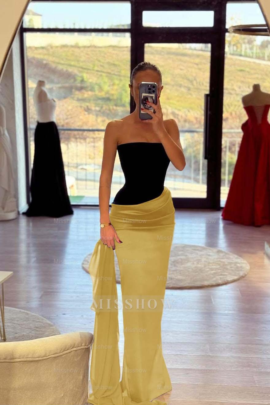 Black Strapless Sleeveless Mermaid Satin Ruching Floor Length Formal Evening Gown