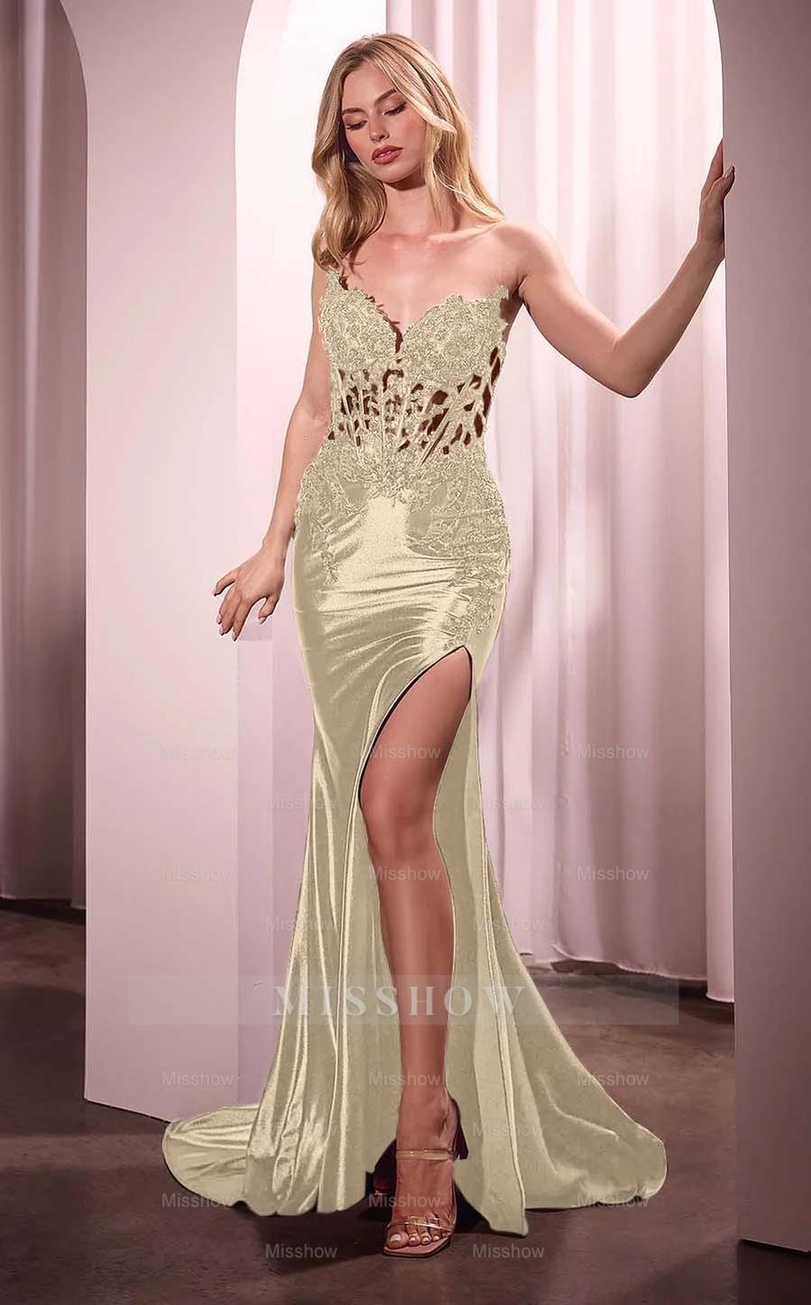 Black Strapless Sweetheart Sleeveless Lace Applique Mermaid Split Formal Evening Gown