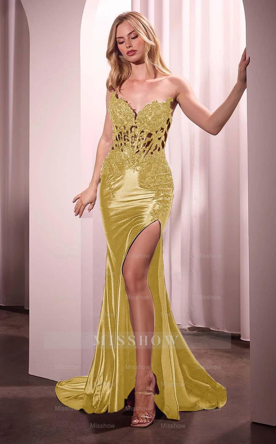 Black Strapless Sweetheart Sleeveless Lace Applique Mermaid Split Formal Evening Gown