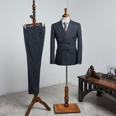 Black Striped Peak Lapel Double Breasted Custom Business Suit