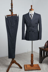 Black Striped Peak Lapel Double Breasted Custom Business Suit