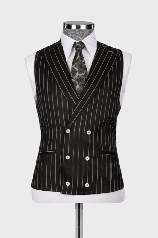 Black Striped Three-Piece Peaked Lapel Business Suit