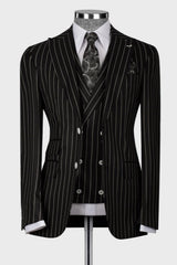 Black Striped Three-Piece Peaked Lapel Business Suit