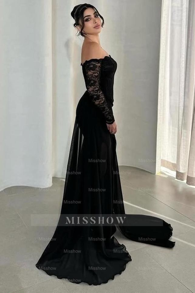 Black Sweetheart Detachable Long Sleeves Lace Mermaid Front Slit Formal Evening Dress