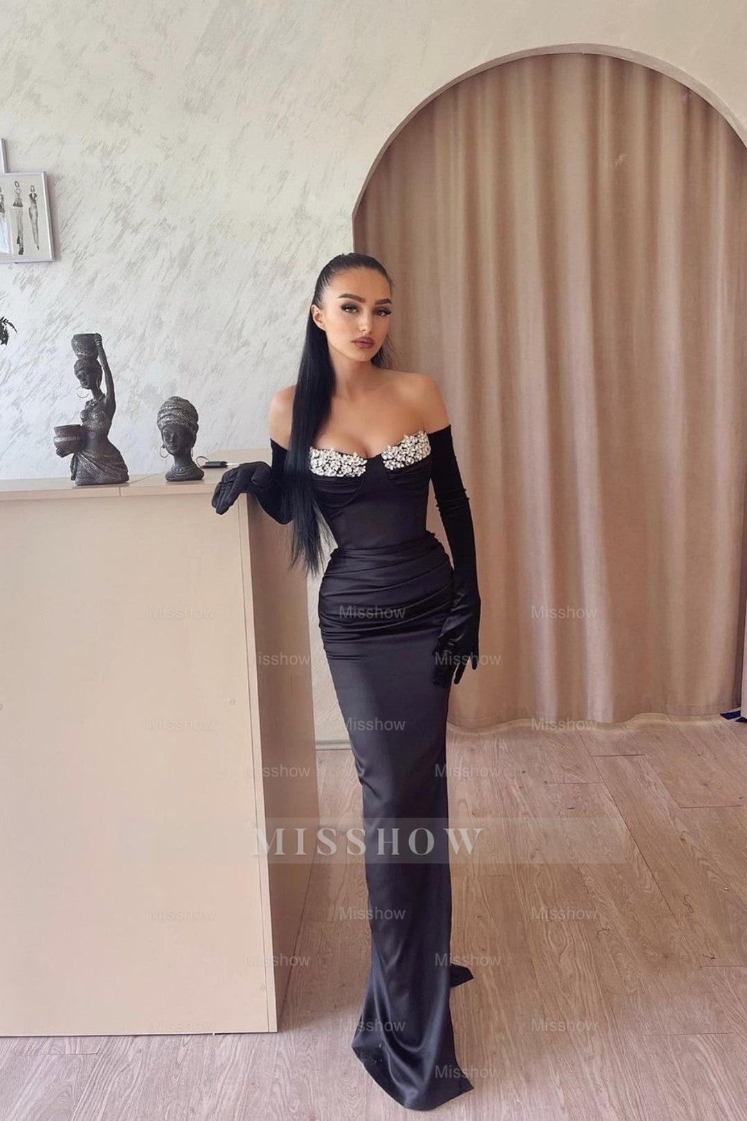 Black Sweetheart Long Sleeve Bodycon Satin Appliques Floor Length Formal Evening Dress
