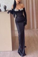 Black Sweetheart Long Sleeve Bodycon Satin Appliques Floor Length Formal Evening Dress