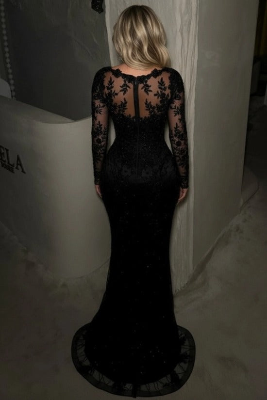 Black Sweetheart Long Sleeve Lace Applique Sequin Mermaid Floor Length Formal Evening Gown