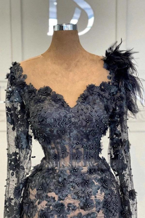 Black Sweetheart Long Sleeve Lace Appliqued Mermaid Floor Length Formal Evening Gown