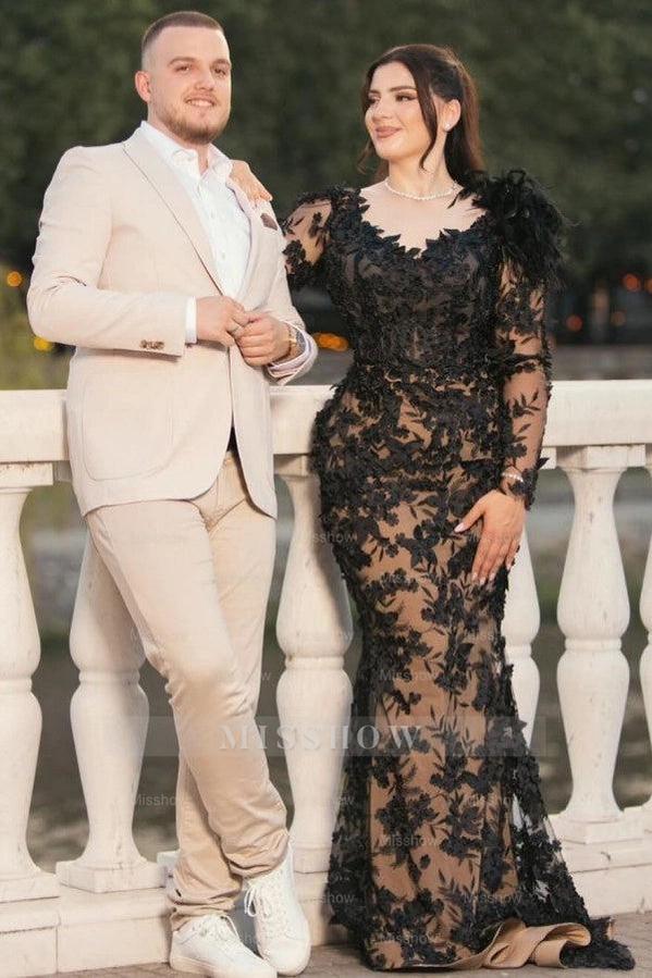 Black Sweetheart Long Sleeve Lace Appliqued Mermaid Floor Length Formal Evening Gown