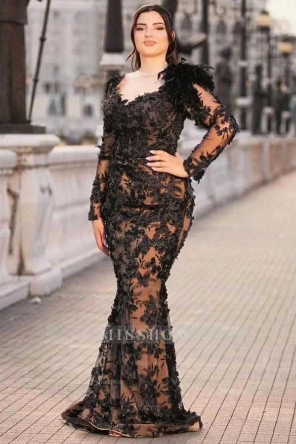 Black Sweetheart Long Sleeve Lace Appliqued Mermaid Floor Length Formal Evening Gown