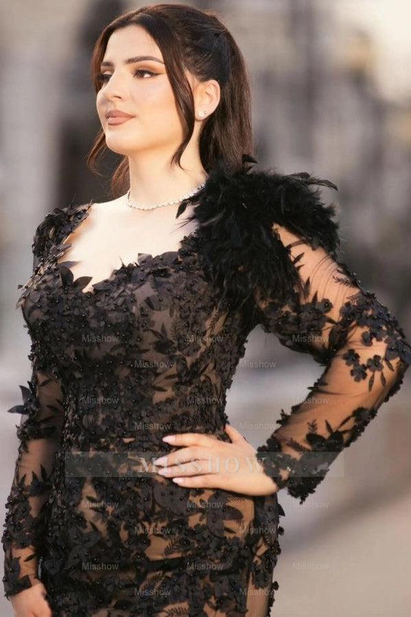 Black Sweetheart Long Sleeve Lace Appliqued Mermaid Floor Length Formal Evening Gown