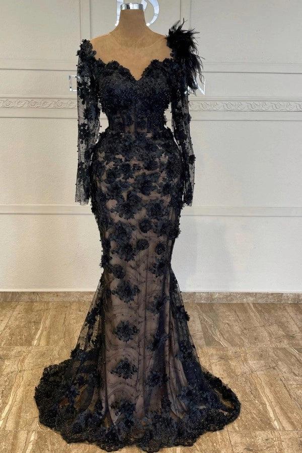 Black Sweetheart Long Sleeve Lace Appliqued Mermaid Floor Length Formal Evening Gown