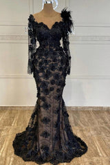 Black Sweetheart Long Sleeve Lace Appliqued Mermaid Floor Length Formal Evening Gown