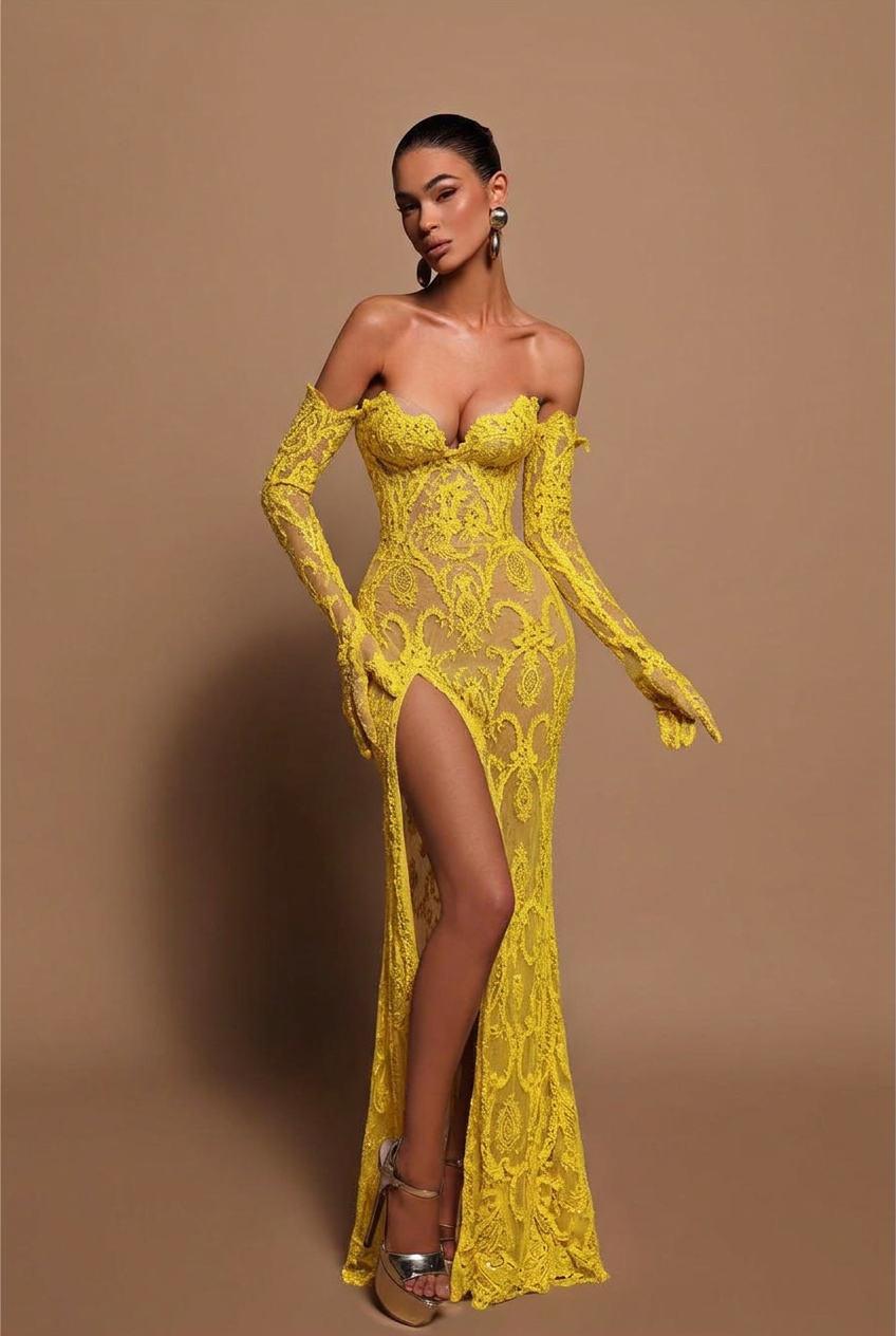 Yellow sweetheart applique mermaid evening dress