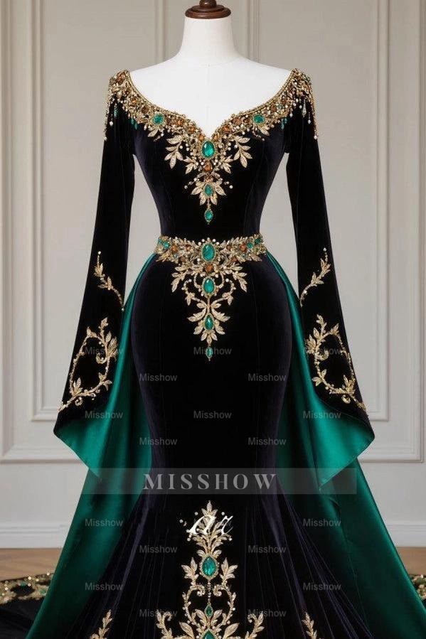 Black Sweetheart Long Sleeve Mermaid Velvet Applique Rhinestone Floor Formal Evening Gown