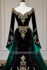 Black Sweetheart Long Sleeve Mermaid Velvet Applique Rhinestone Floor Formal Evening Gown