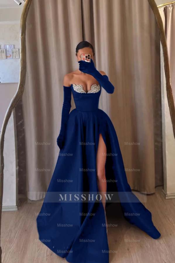 Royal blue sweetheart rhinestone A-line evening dress